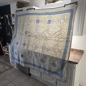 Vintage Handmade Patchwork Quilt 75 Year Old Cotton Blue Cream Heirloom Boho